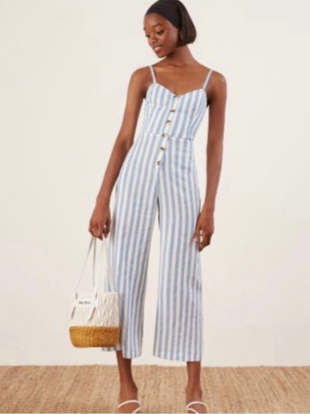 LIKE NEW REFORMATION (NO TAGS) Summer Blue and White Striped Jumpsuit - Picture 4 of 5